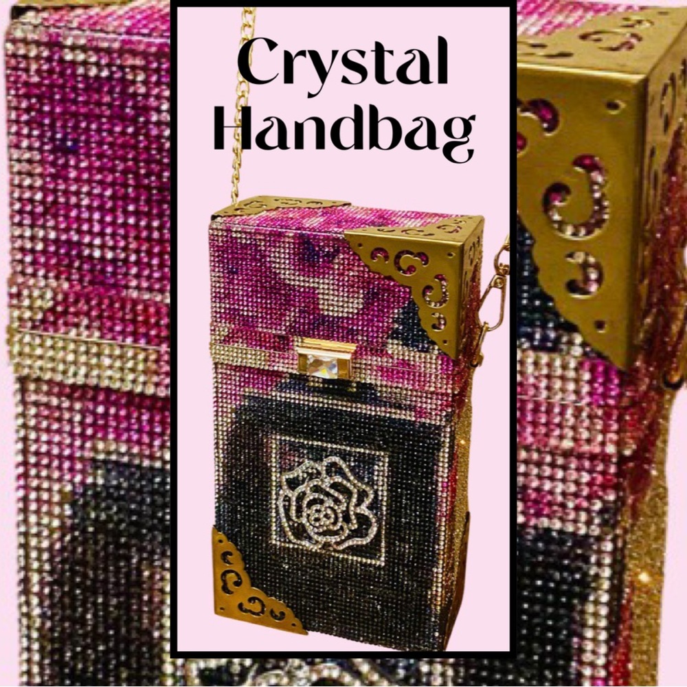 Crystal Handbag Custom Artist Black Fuschia Roses Sparkly OOAK New